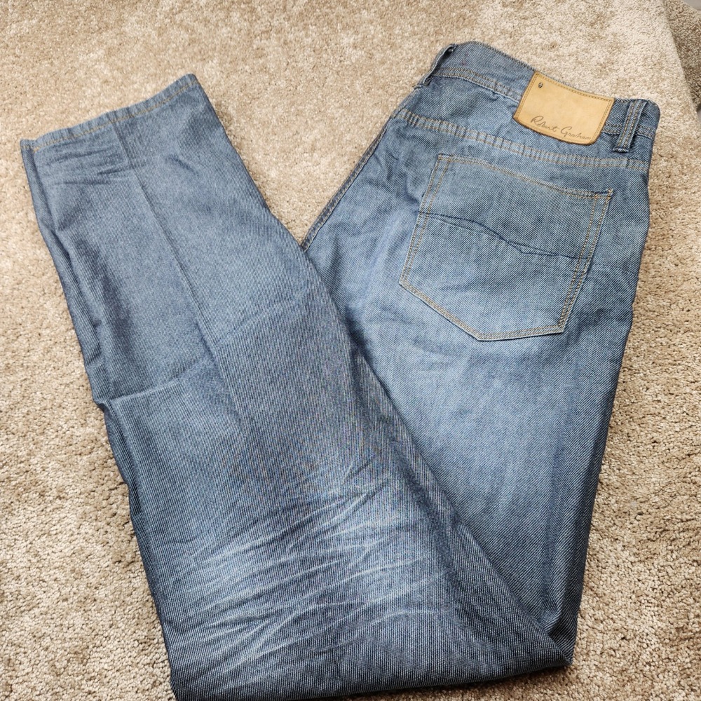 Robert Graham Men 40x34 Blue Medium Wash Straight Leg Jeans Skull Detail Paisley